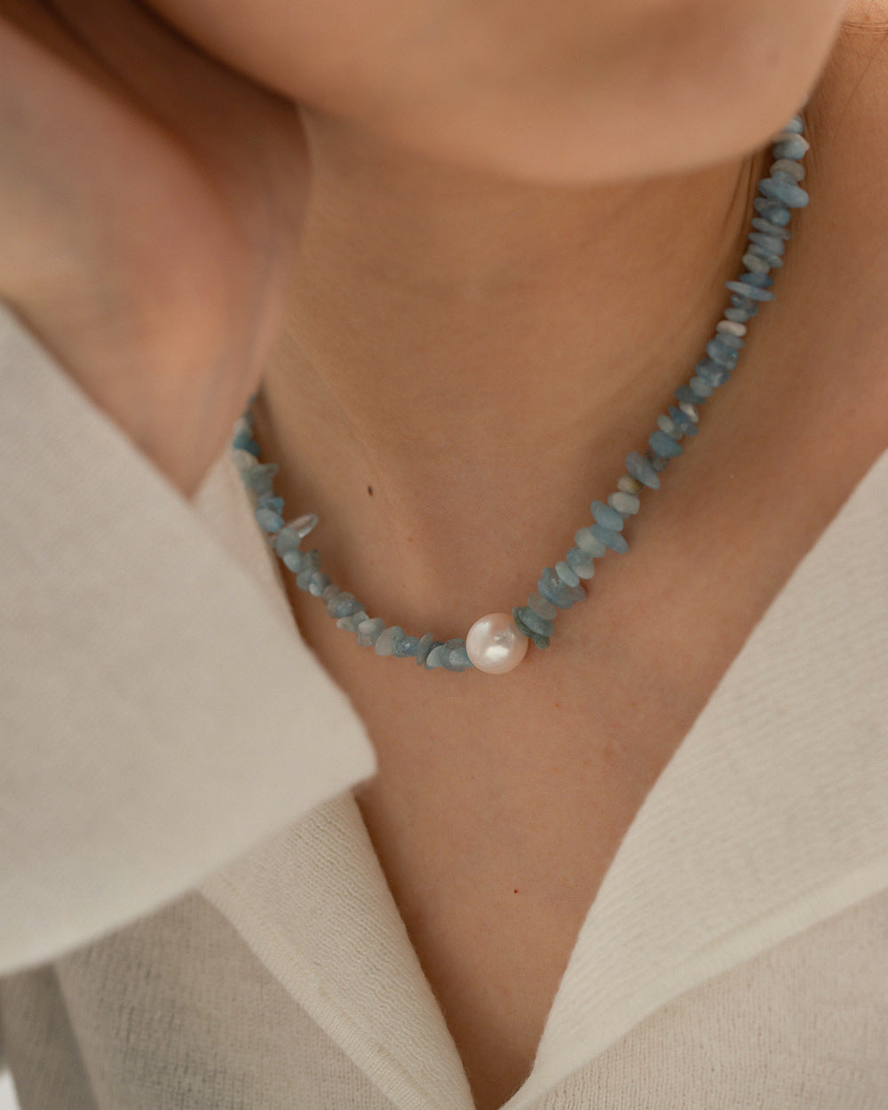 Wholesale Ocean Blue Gravel Pearl Titanium Steel Non-fading Necklaces